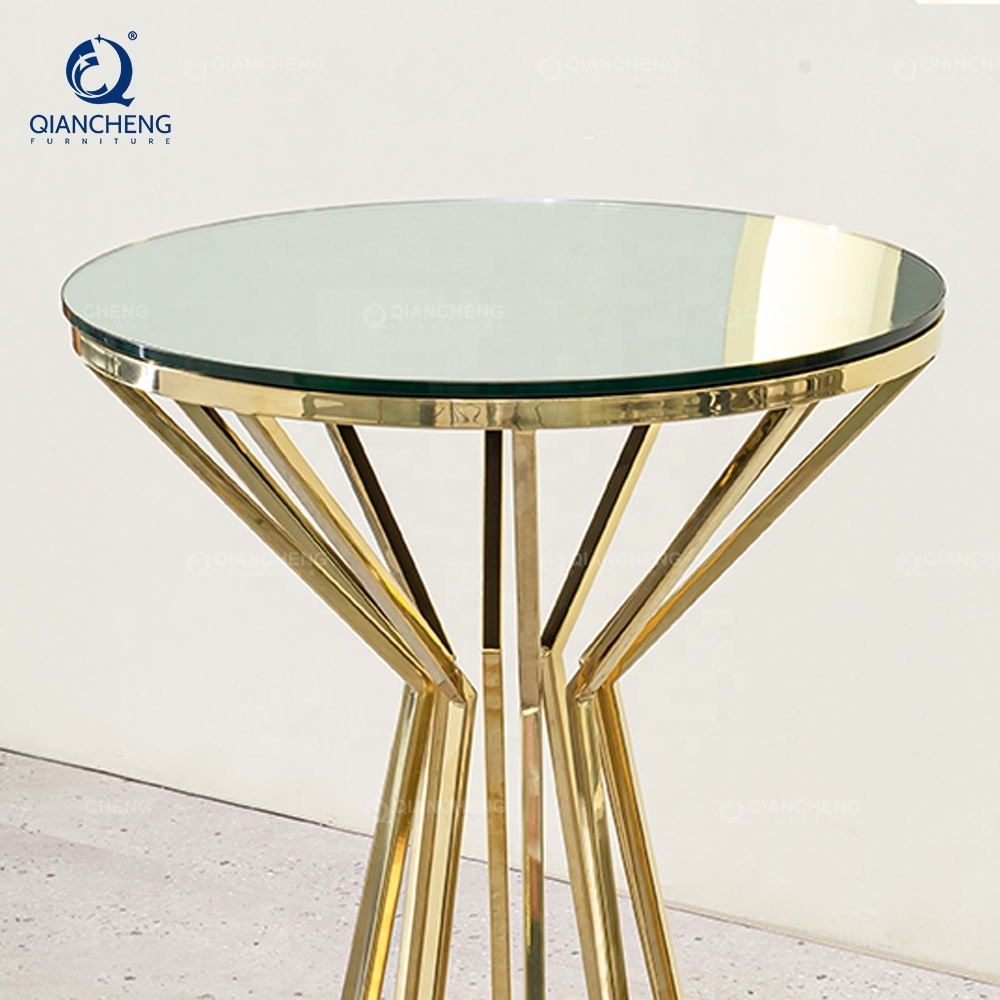 QIANCHENG luxury home gold ss steel furniture supplier dining cocktail restaurant clear tempering glass high kitchen bar table