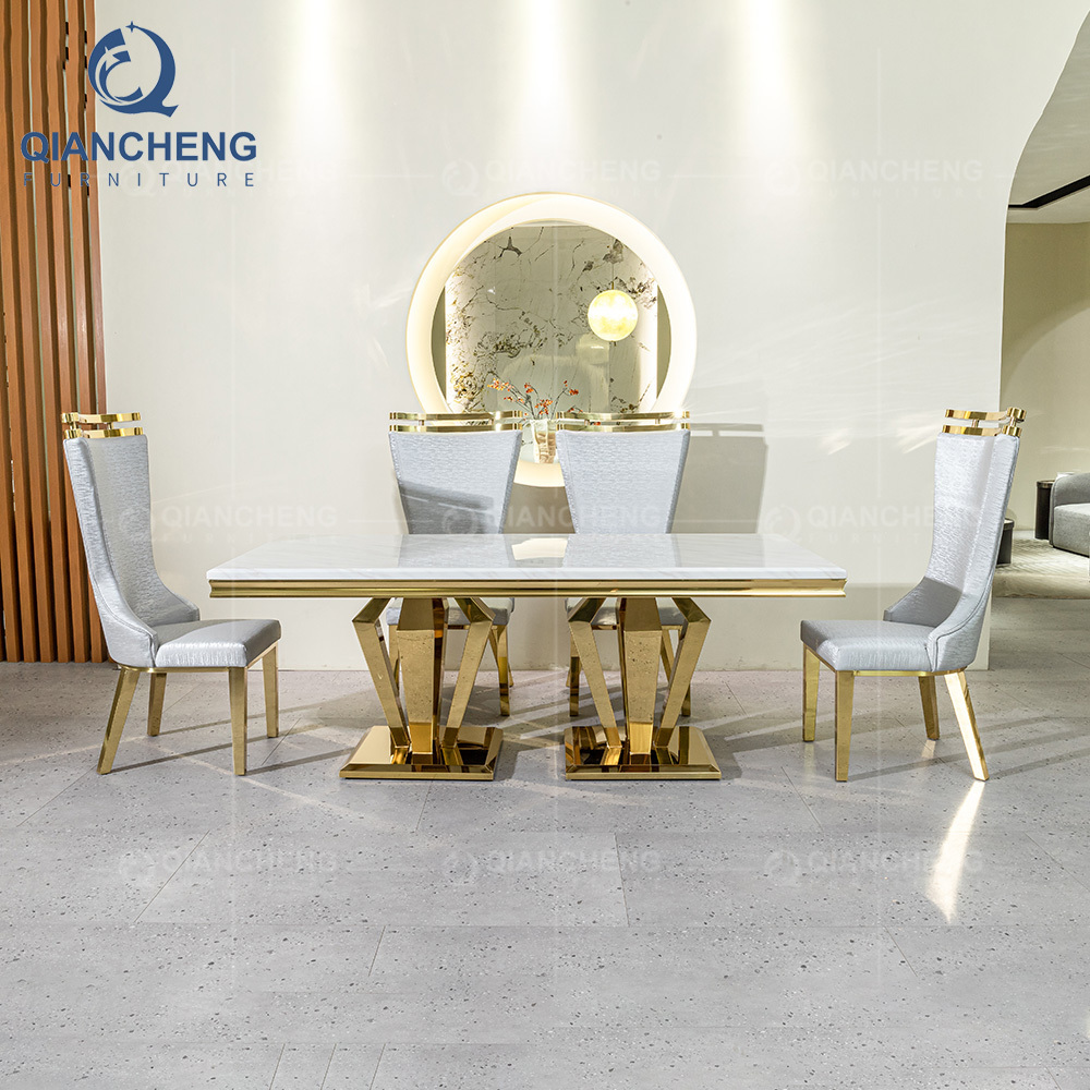 QIANCHENG modern luxury furnitures mirror golden dinners table dining room set marble dinning table 4 seater