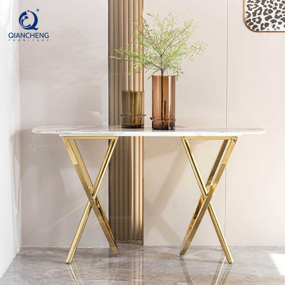 QIANCHENG baroque style white manmade marble italian design middle eastern stainless steel long entryway console table