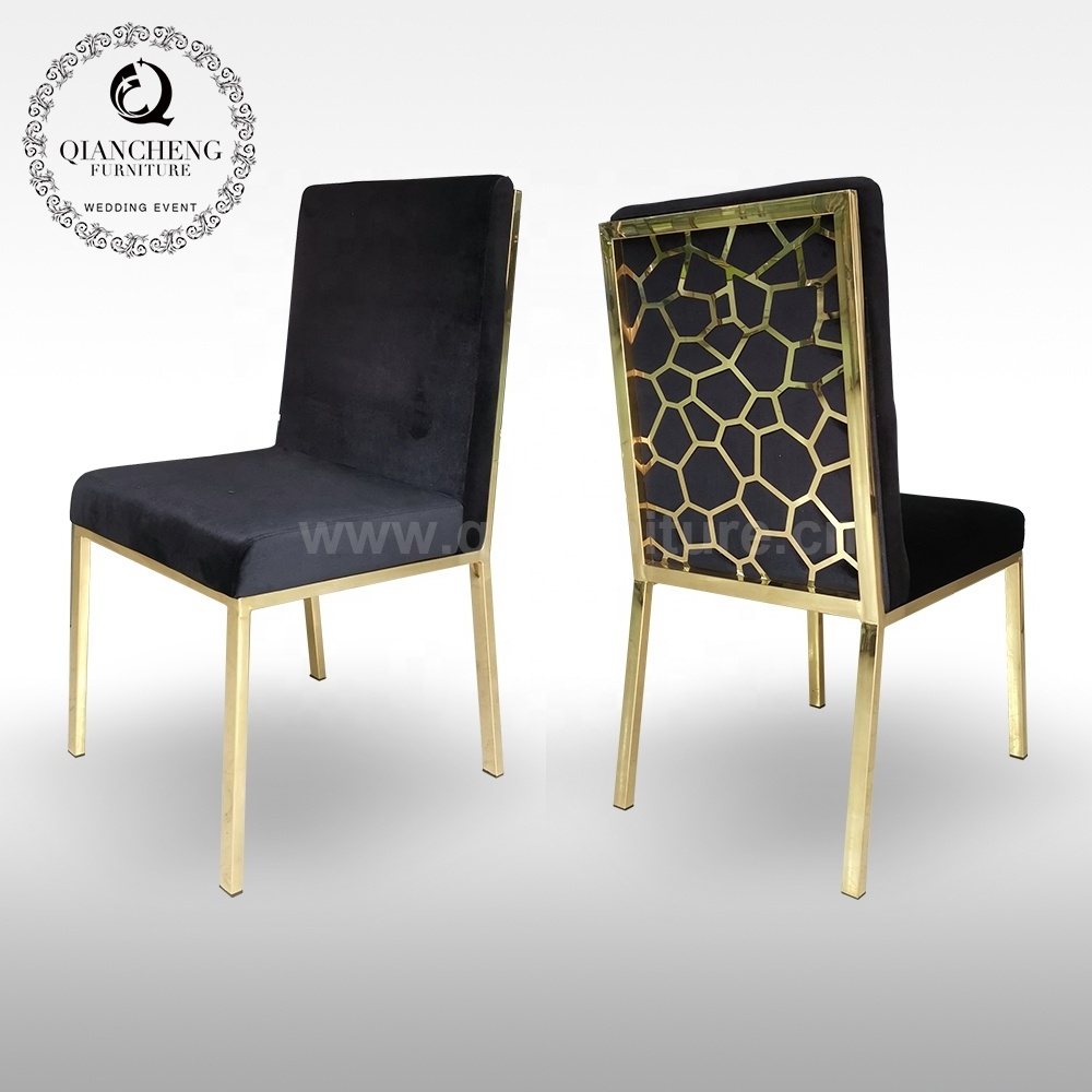 Luxury golden stainless steel black dining chair modern fashion metal hollow-carved  back designer style velvet dining chair