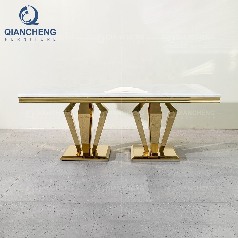 QIANCHENG modern luxury furnitures mirror golden dinners table dining room set marble dinning table 4 seater