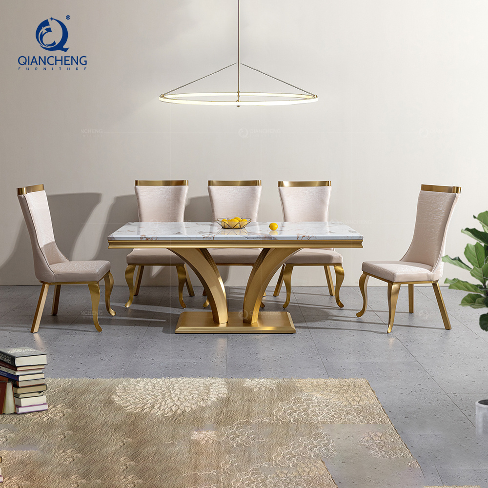 QIANCHENG luxurious golden stainless steel mirrored ss furniture minimalist exotic marble french style dining table and chair