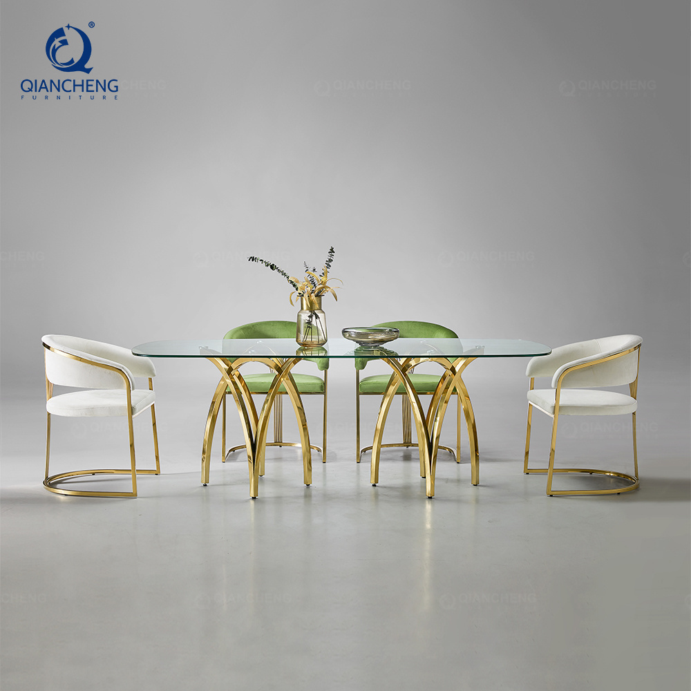 Wholesale high gloss glass top dinning room kitchen tables set 8 seater luxury gold dining table and chair