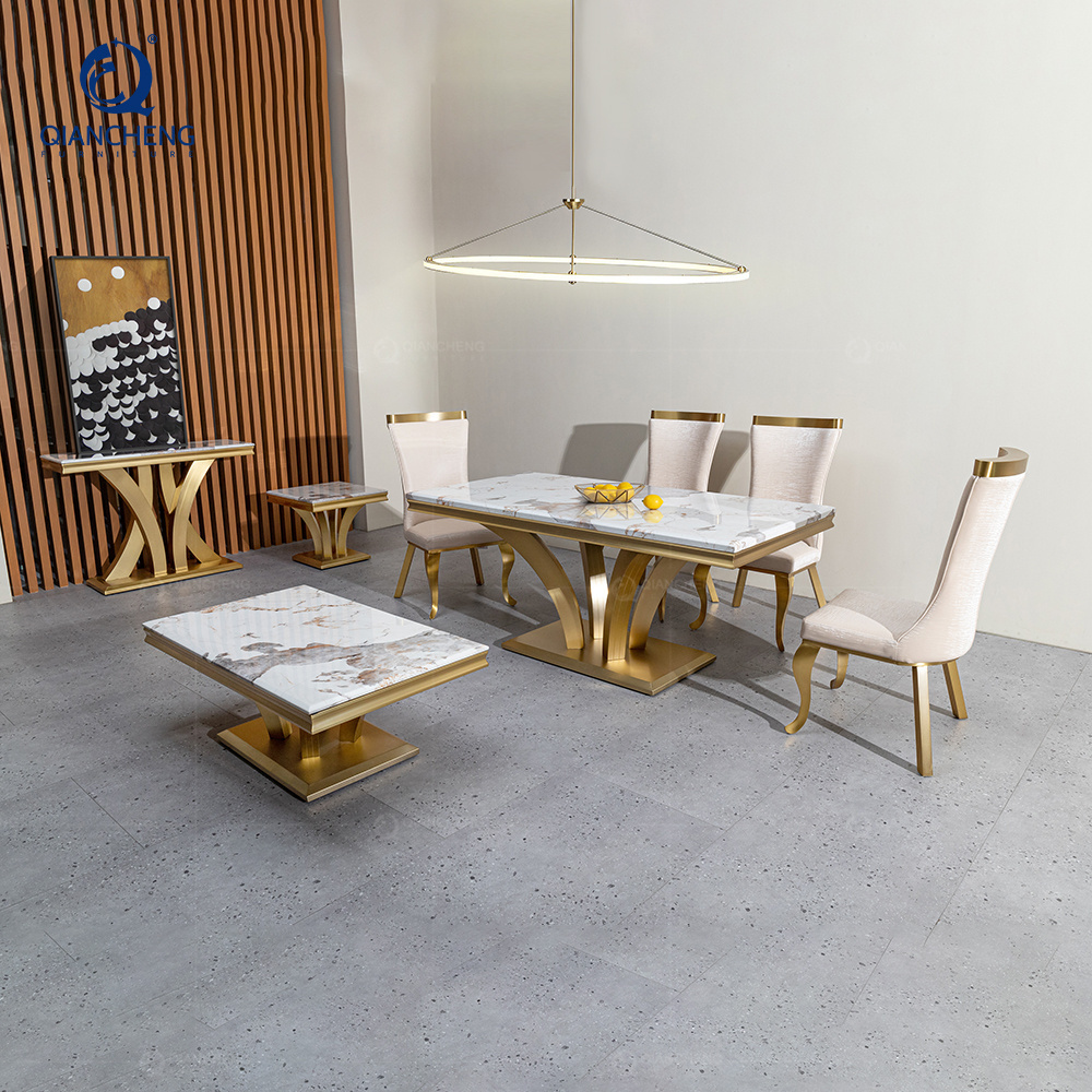 QIANCHENG luxurious golden stainless steel mirrored ss furniture minimalist exotic marble french style dining table and chair