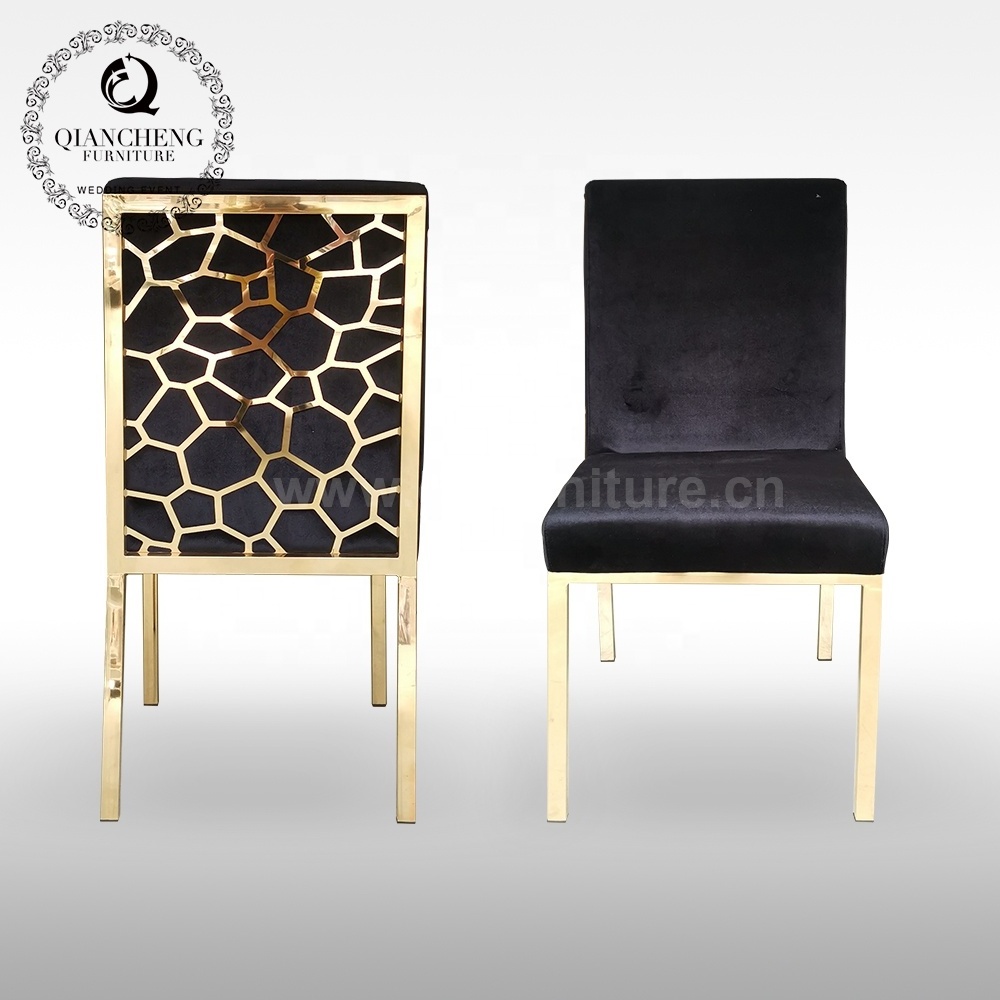 Luxury golden stainless steel black dining chair modern fashion metal hollow-carved  back designer style velvet dining chair