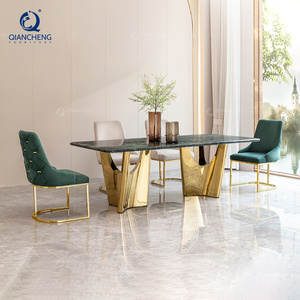 QIANCHENG new designs luxury dinning set natural real green marble dining tables light luxury stainless steel home furniture