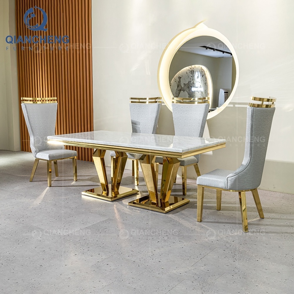 QIANCHENG modern luxury furnitures mirror golden dinners table dining room set marble dinning table 4 seater