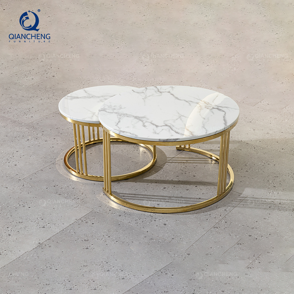 Luxury coffee table living room furniture marble table top gold metal stainless steel round coffee table