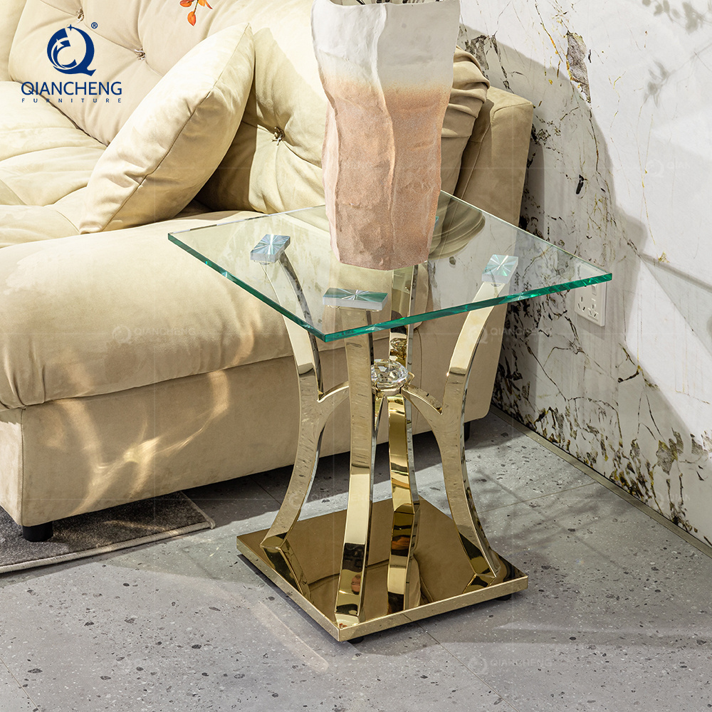 QIANCHENG high quality space saving 50x50 home goods glass top crushed diamond mirrored square gold coffee table