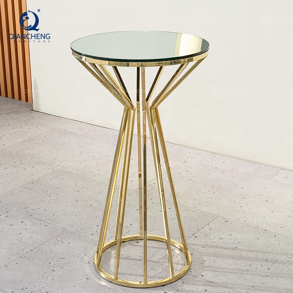 QIANCHENG luxury home gold ss steel furniture supplier dining cocktail restaurant clear tempering glass high kitchen bar table