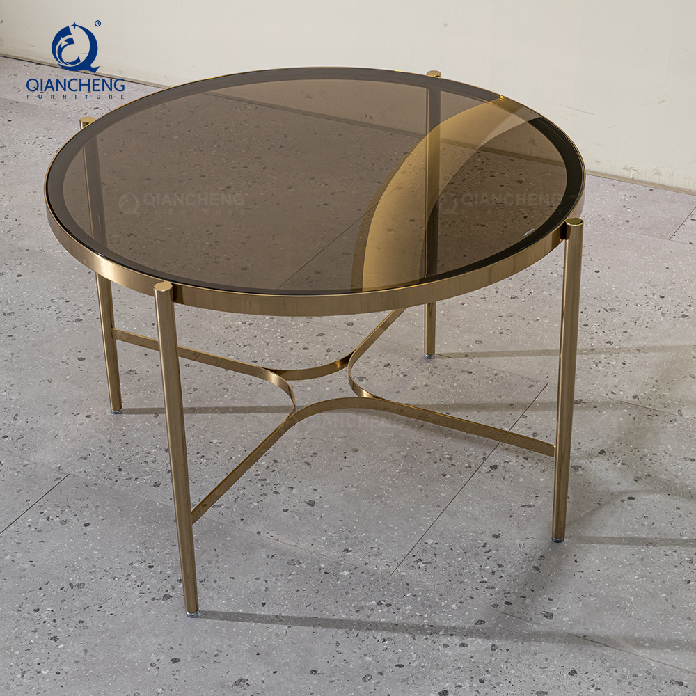 QIANCHENG transparent tempered grey glass tea muebles de sala living room furniture round center gold coffee table