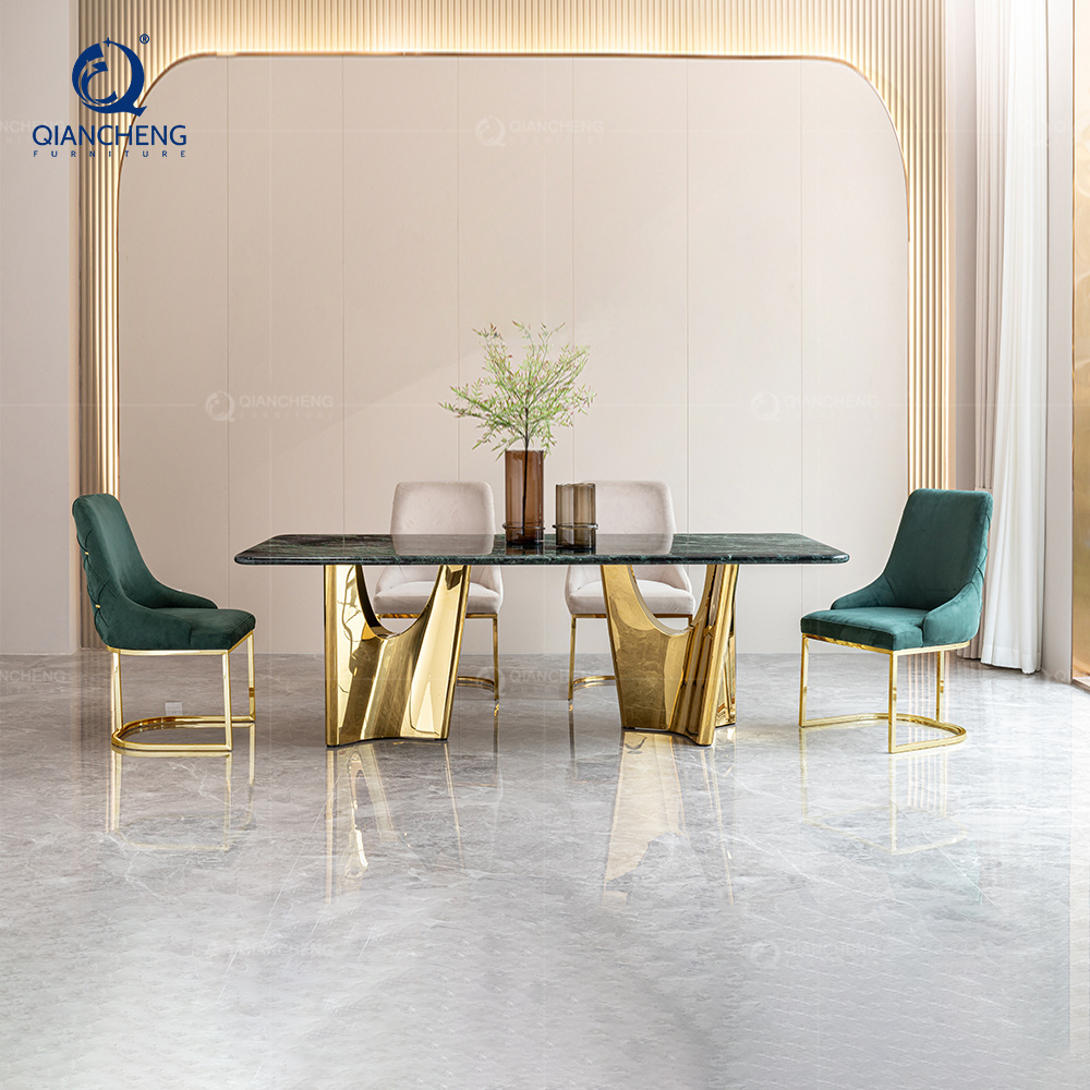 QIANCHENG new designs luxury dinning set natural real green marble dining tables light luxury stainless steel home furniture