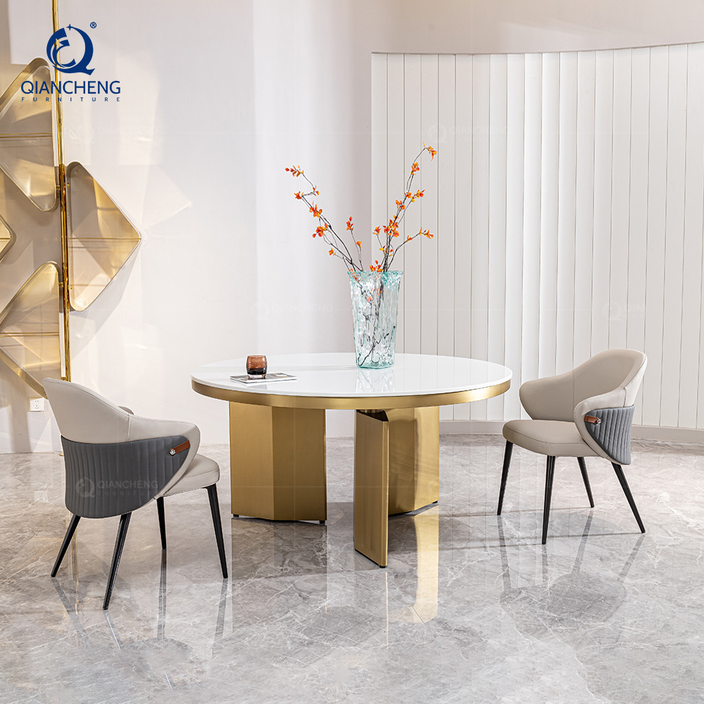 QIANCHENG restaurant marble kitchen stainless steel table dinning room furniture 6 seater white leather chair dining table set