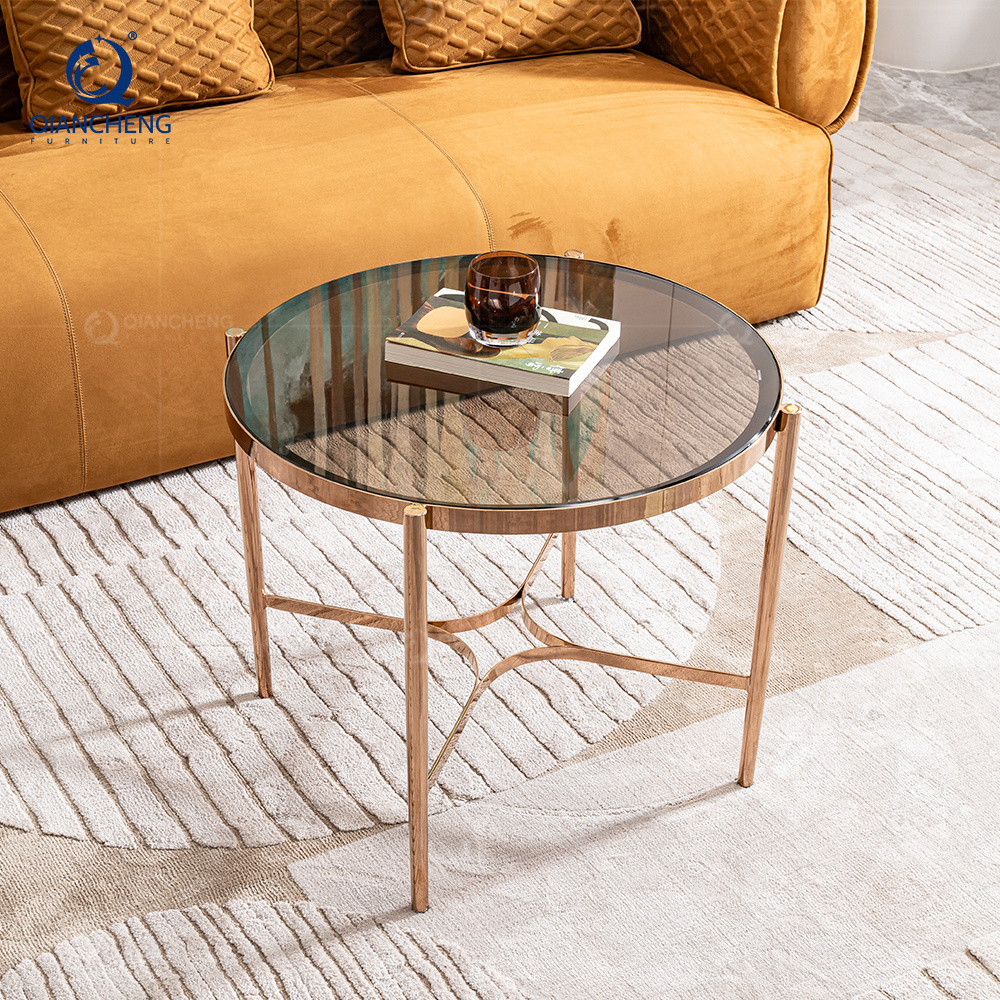 QIANCHENG transparent tempered grey glass tea muebles de sala living room furniture round center gold coffee table