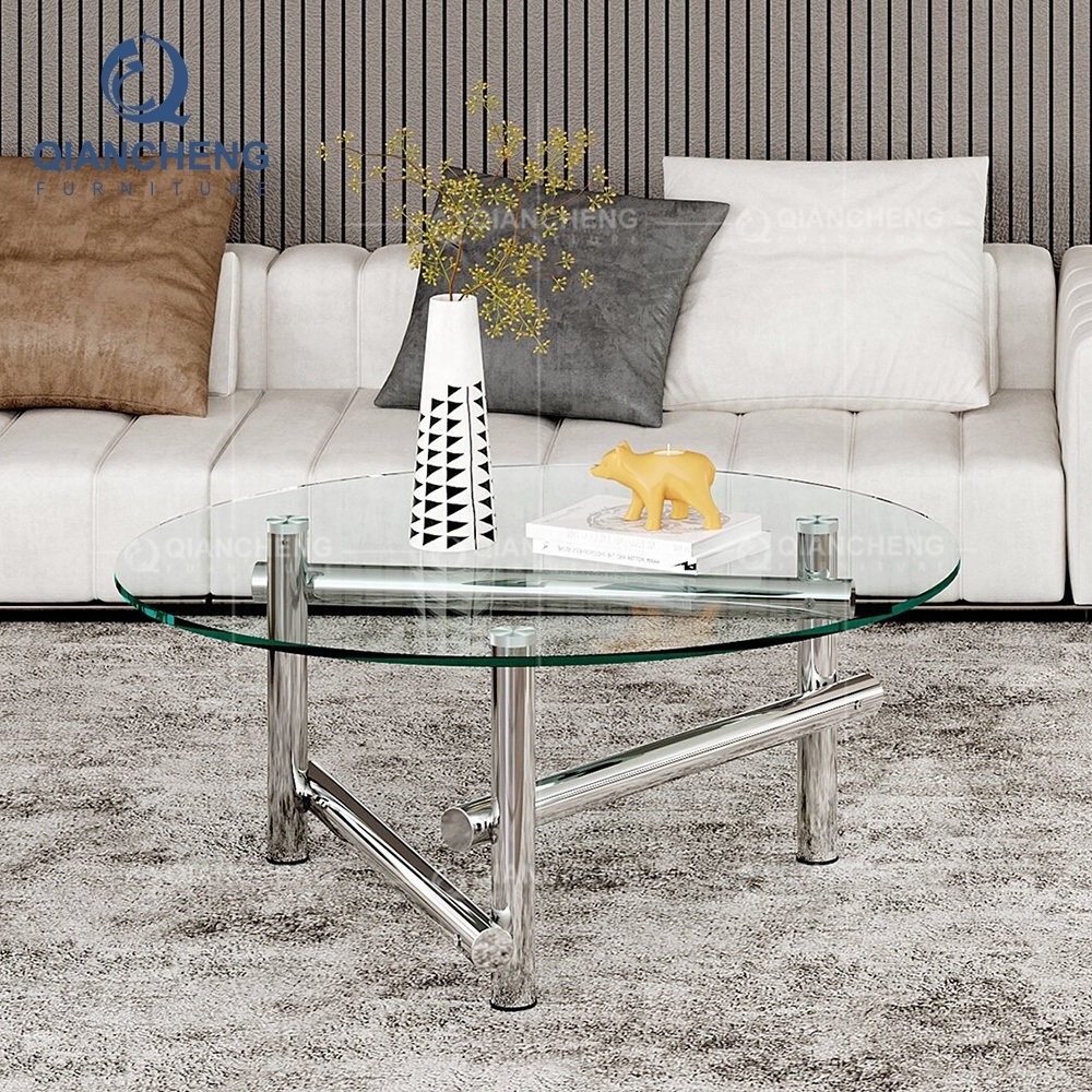 QIANCHENG stainless steel ethiopian coffee set table silver glass top high fashion new design accent table