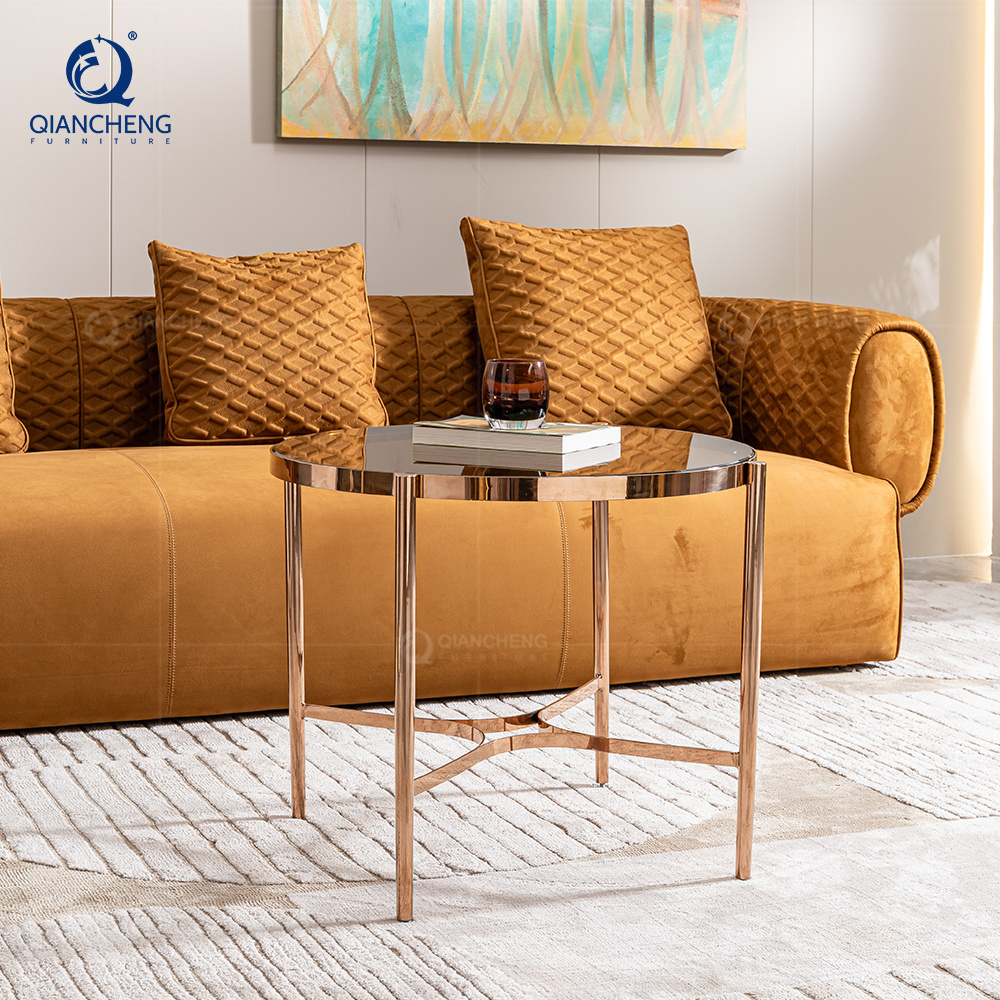 QIANCHENG transparent tempered grey glass tea muebles de sala living room furniture round center gold coffee table