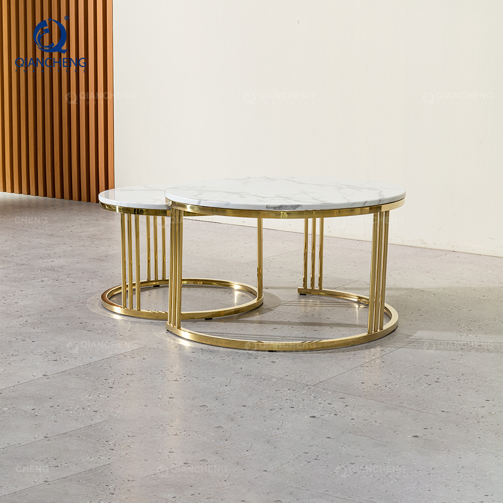 Luxury coffee table living room furniture marble table top gold metal stainless steel round coffee table