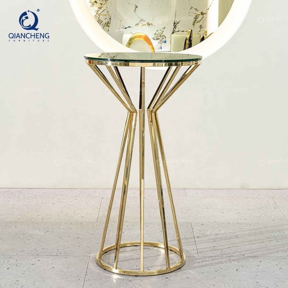 QIANCHENG luxury home gold ss steel furniture supplier dining cocktail restaurant clear tempering glass high kitchen bar table