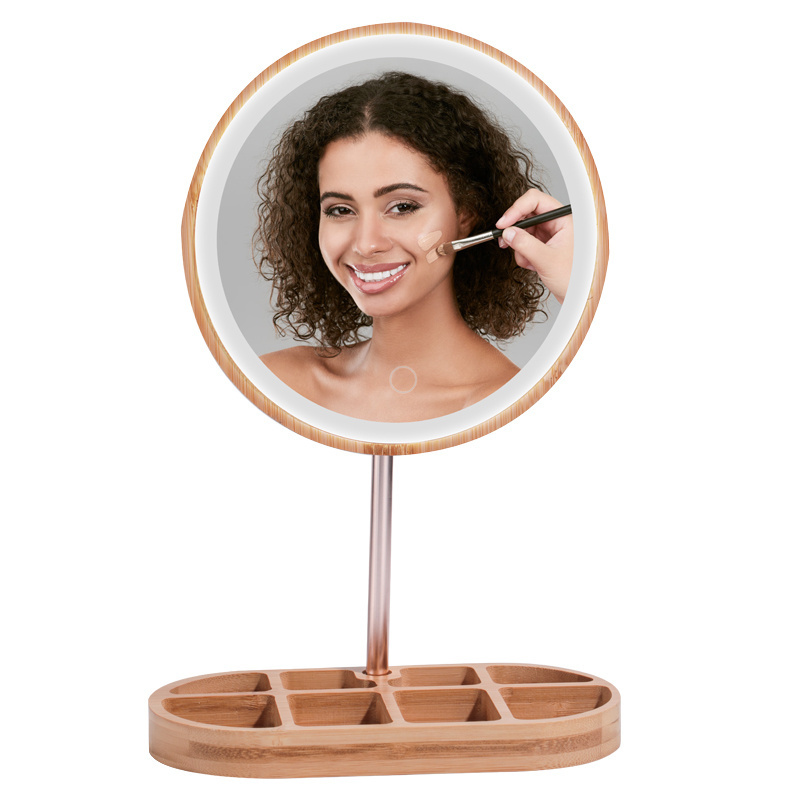 Craftsman made bamboo wood LED cosmetic mirror light  brightness adjustable with storage function mirror