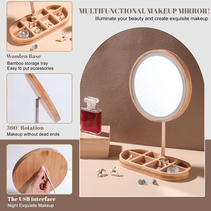 Craftsman made bamboo wood LED cosmetic mirror light  brightness adjustable with storage function mirror