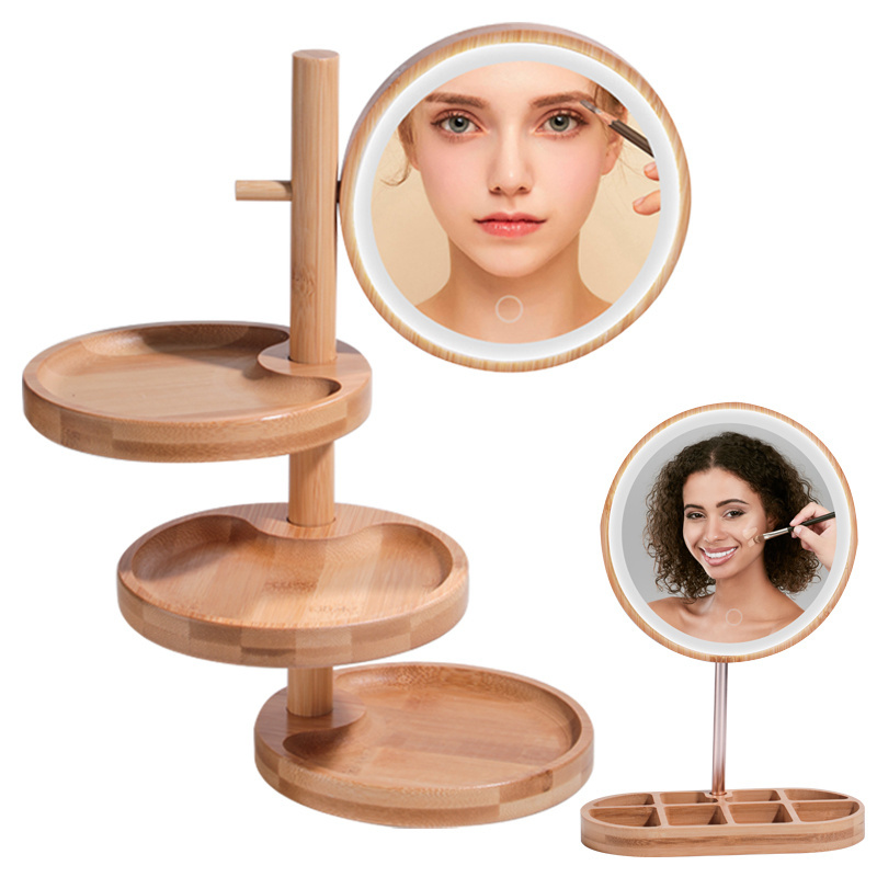 Craftsman made bamboo wood LED cosmetic mirror light  brightness adjustable Simple style with storage function mirror