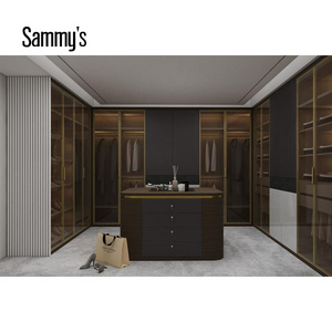 Luxury New Style Dark Wooden Veneer Modern Bedroom Wardrobe with Smart Fingerprint Safe Box