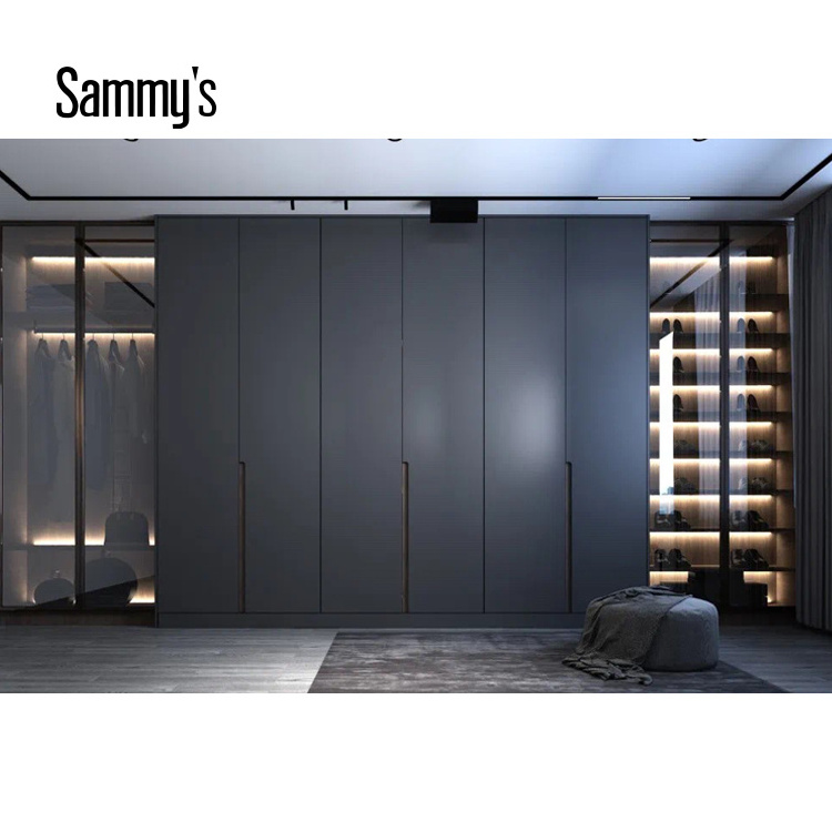 Luxury New Style Dark Wooden Veneer Modern Bedroom Wardrobe with Smart Fingerprint Safe Box