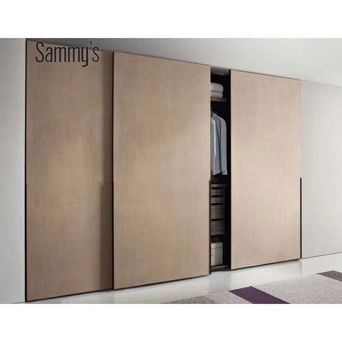 High end timber wood veneer l shape sliding door wardrobe closet designs with electric system