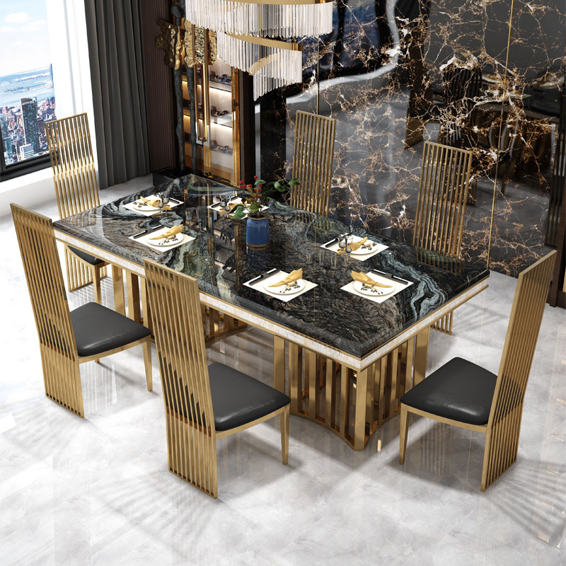 Luxury decoration Gold stainless steel frame rectangular marble top dining table set for wedding home dining room furniture