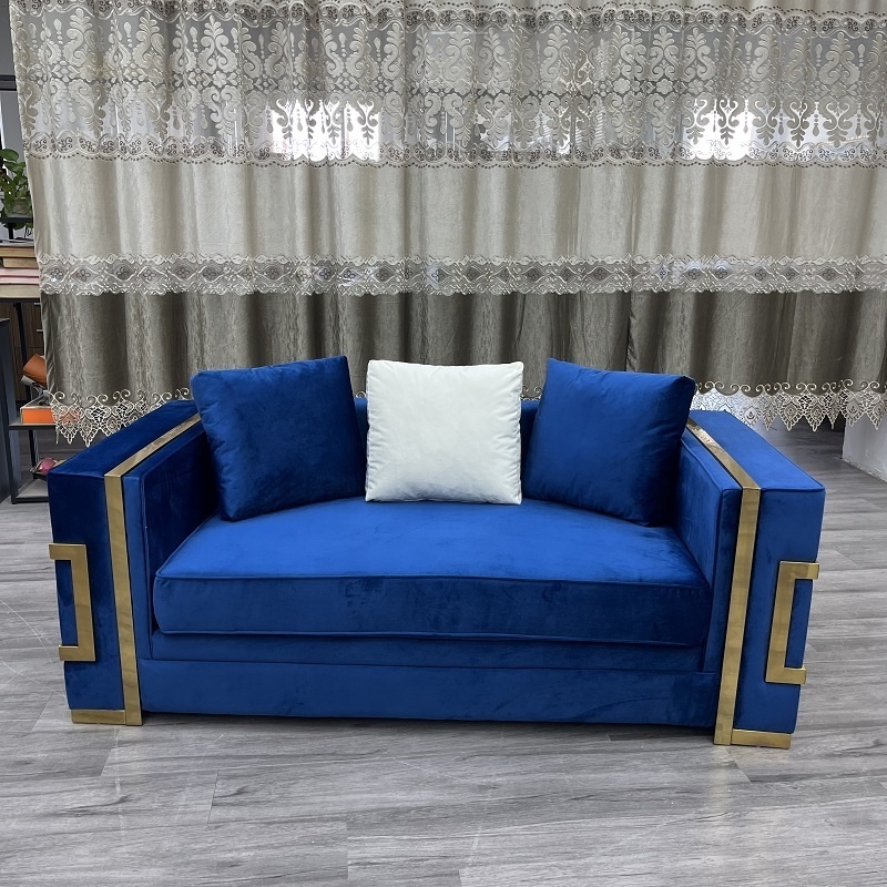 New Design blue color velvet sofa set with gold stainless steel base modern Upholstery fabric sofas for living room furniture