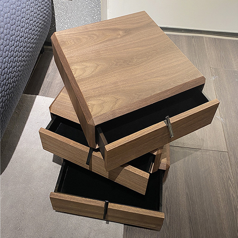 Nordic Modern Rotating Night Stand with Storage Drawers Black Solid Wood Veneer Nightstand Swivel Bedside Table