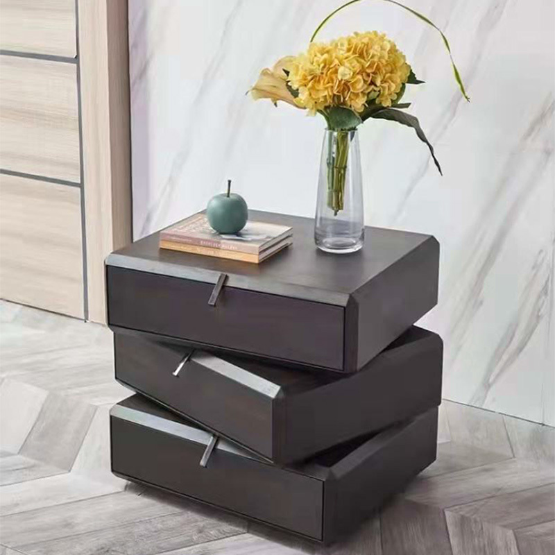 Nordic Modern Rotating Night Stand with Storage Drawers Black Solid Wood Veneer Nightstand Swivel Bedside Table