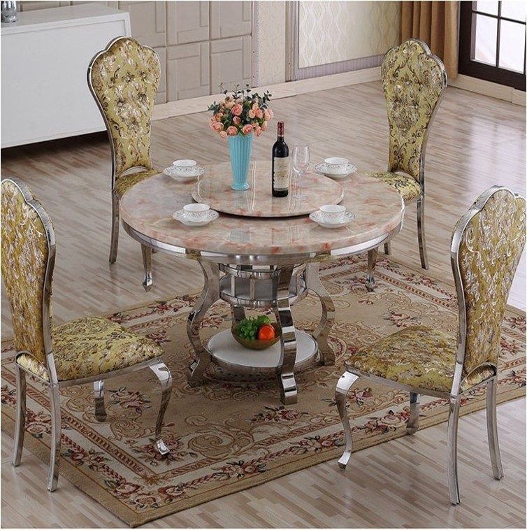 luxury dining room banquet rotating round table with stainless steel frame marble top table furniture