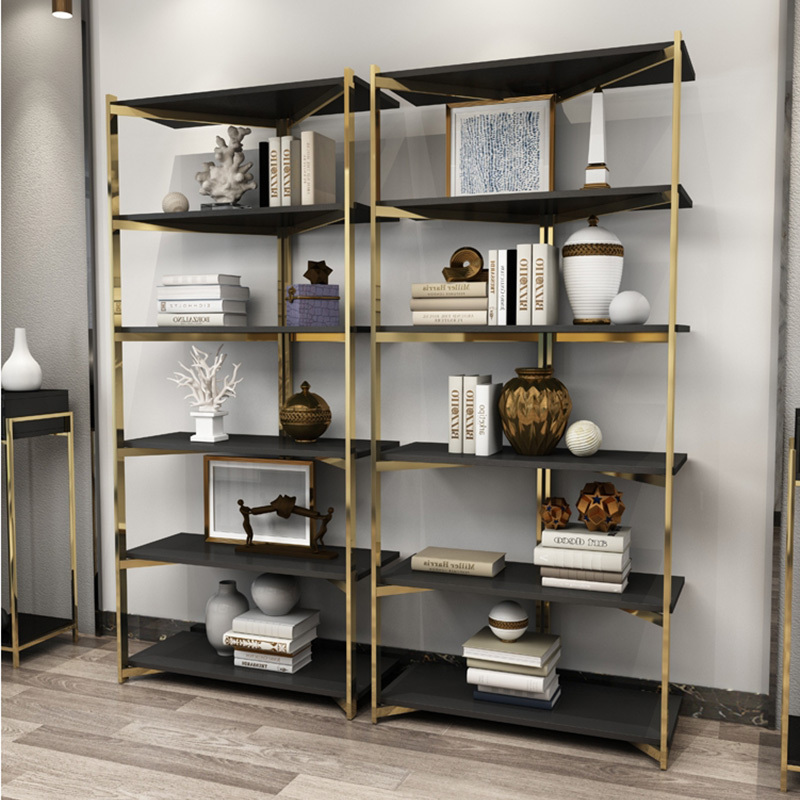 living room office room furniture luxury gold stainless steel frame bookshelf for computer desk boss table