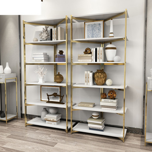 living room office room furniture luxury gold stainless steel frame bookshelf for computer desk boss table