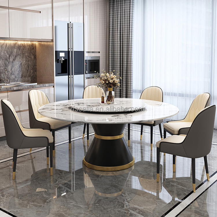 Luxury modern royal round marble dining table with rotating top 6 chairs dining room furniture set