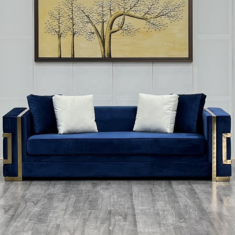 New Design blue color velvet sofa set with gold stainless steel base modern Upholstery fabric sofas for living room furniture