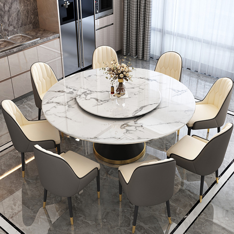 Luxury modern royal round marble dining table with rotating top 6 chairs dining room furniture set