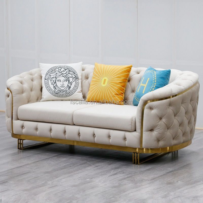 2023 NEW design Leather chesterfield living room sofa with gold stainless steel frame luxury velvet loveseat sofas