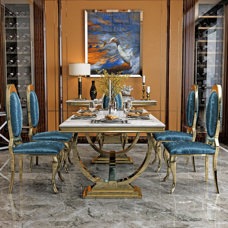 Luxury Stylish gold dining table sets with stainless steel dining table and chair for dining room furniture