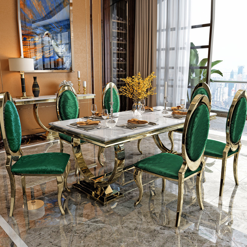 Luxury Stylish gold dining table sets with stainless steel dining table and chair for dining room furniture