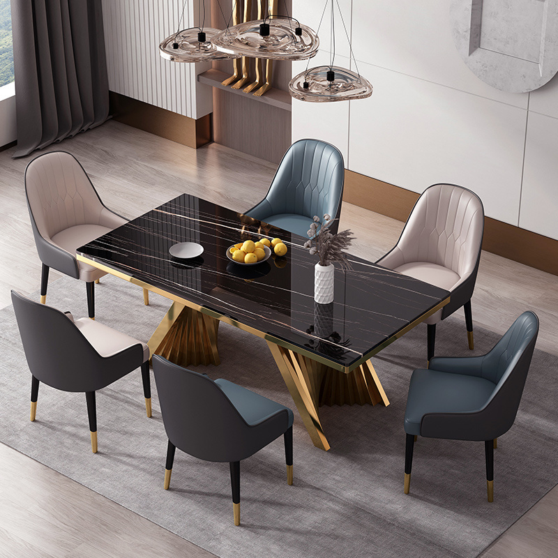 Modern Luxury Gold stainless steel frame large rectangular dining table with marble top for dining room furniture