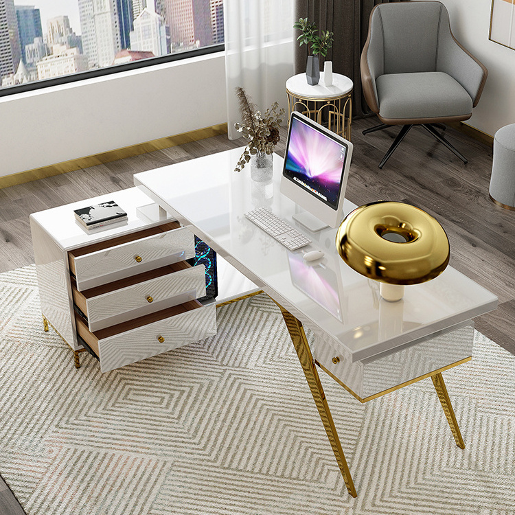 Luxury Office Furniture Working Desk with drawers and gold stainless steel frame glass top computer work table