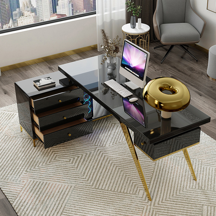 Luxury Office Furniture Working Desk with drawers and gold stainless steel frame glass top computer work table