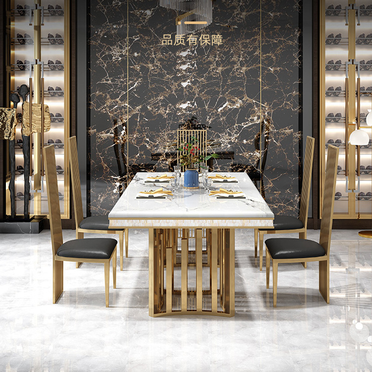 Luxury decoration Gold stainless steel frame rectangular marble top dining table set for wedding home dining room furniture