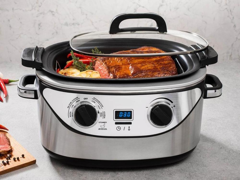 4-in-1 Multi Cooker, 6 Quart Countdown Programmable Portable Oval Stainless Steel Slow Cooker with Digital Timer, Steamer, Stove