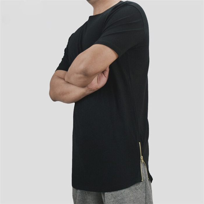 Custom Streetwear Tall Tee Men's T-shirts Black Plain Side Zipper T Shirt Drop Tail Zip Up Tee Long Line Sport Shirts Wholesale