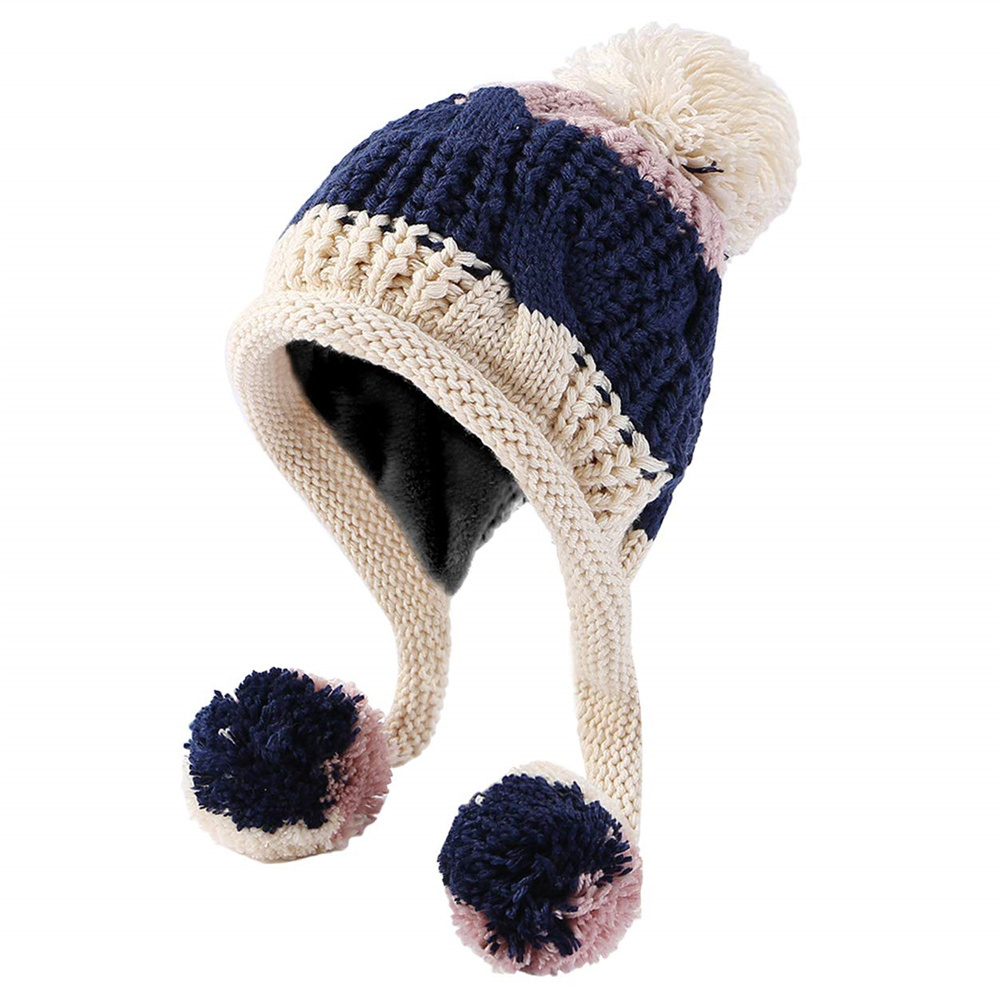 Women Winter Peruvian Cover Ears Beanie Hat Ear Flaps Sherpa Ski Snow Hats Knit Fleece Lined 3 Pom Pom Customized Beanie