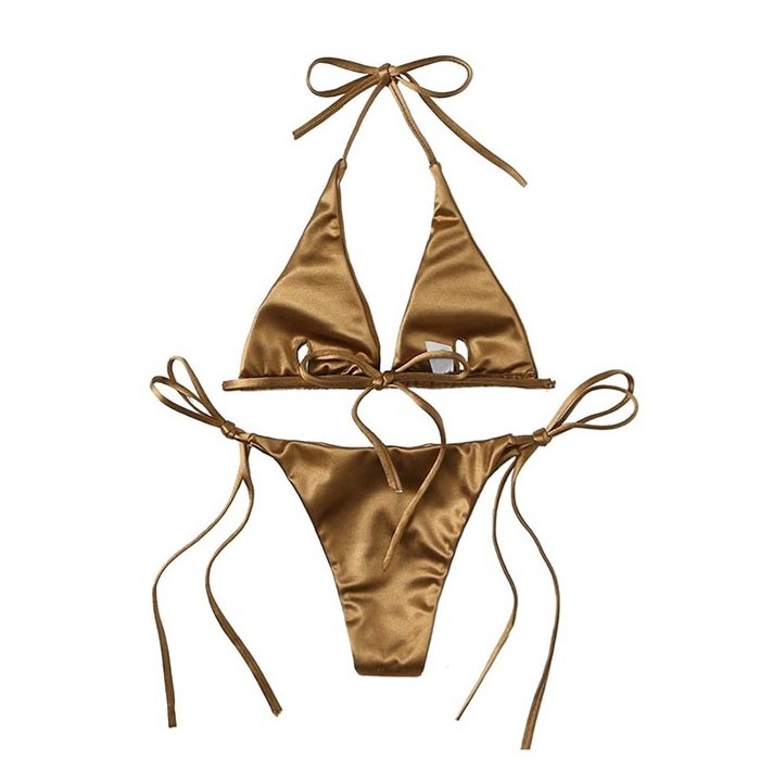 Wholesale Triangle Bikini Sexy Satin Bikini Textured Swimsuits Two Piece Bottom With String Bikinis