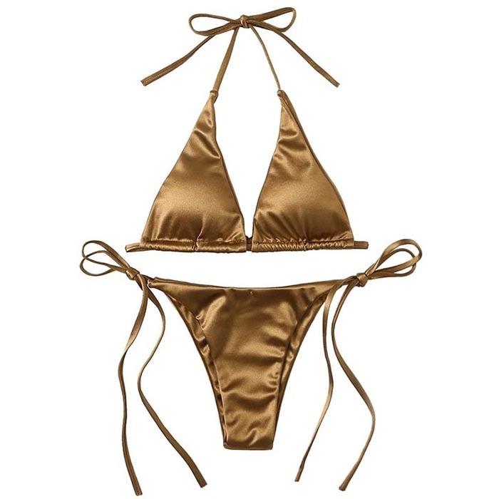 Wholesale Triangle Bikini Sexy Satin Bikini Textured Swimsuits Two Piece Bottom With String Bikinis